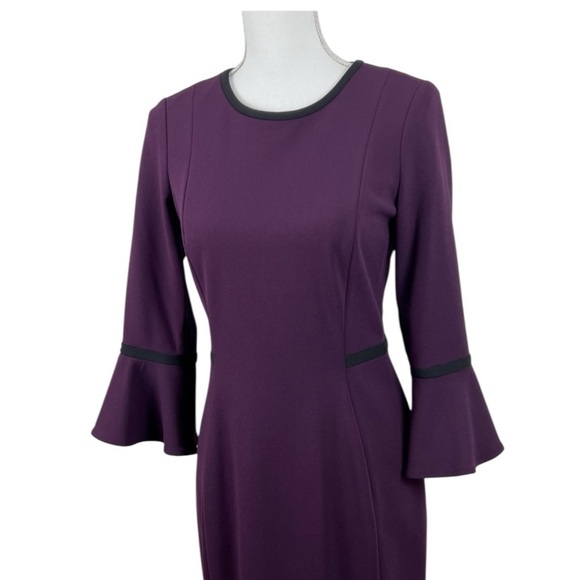 Calvin Klein Women’s Plum Bell Sleeve Black Piping Trim Sheath Dress Size 4 - Picture 5 of 7